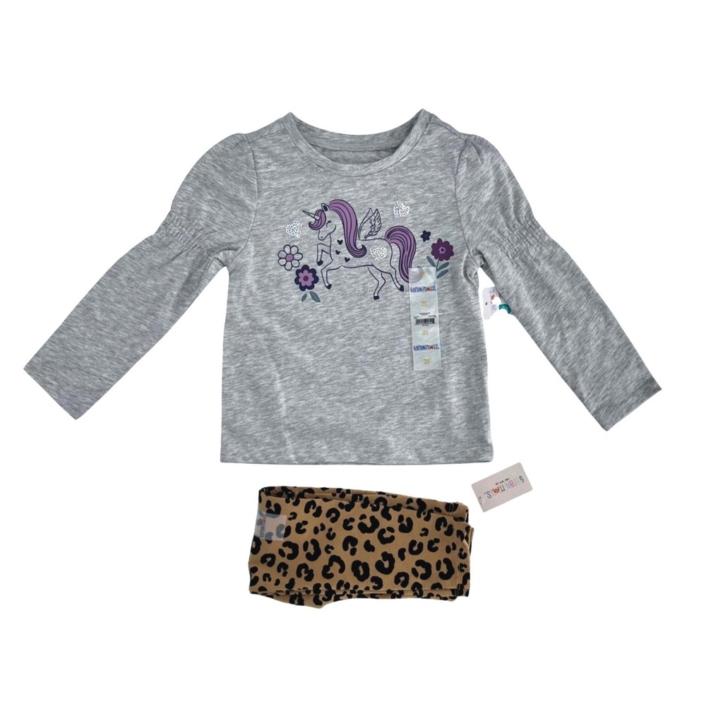 Garanimals 2 Piece Outfit Toddler Girls 2T Grey Unicorn Shirt Leopard Leggings